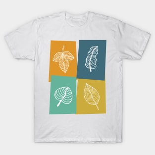 White Leaves on Gold Blue Orange Turquoise Rectangles T-Shirt